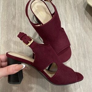 Burgundy Leather Peep-Toe Sandals